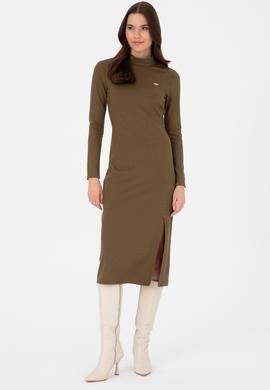 Kadın Haki Yırtmaçlı Dik Yaka Midi Boy Örme Elbise - 50297367004