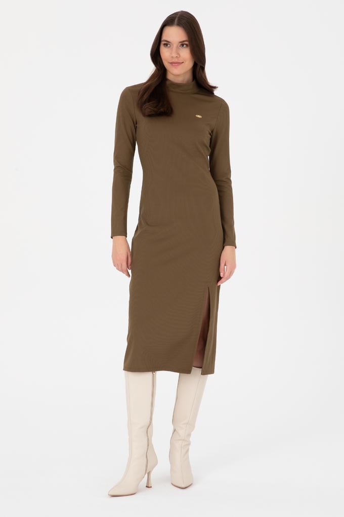 Kadın Haki Yırtmaçlı Dik Yaka Midi Boy Örme Elbise