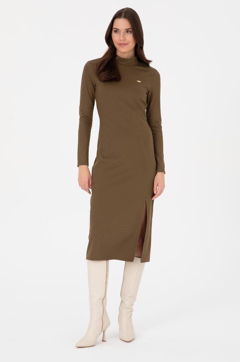 Kadın Haki Yırtmaçlı Dik Yaka Midi Boy Örme Elbise