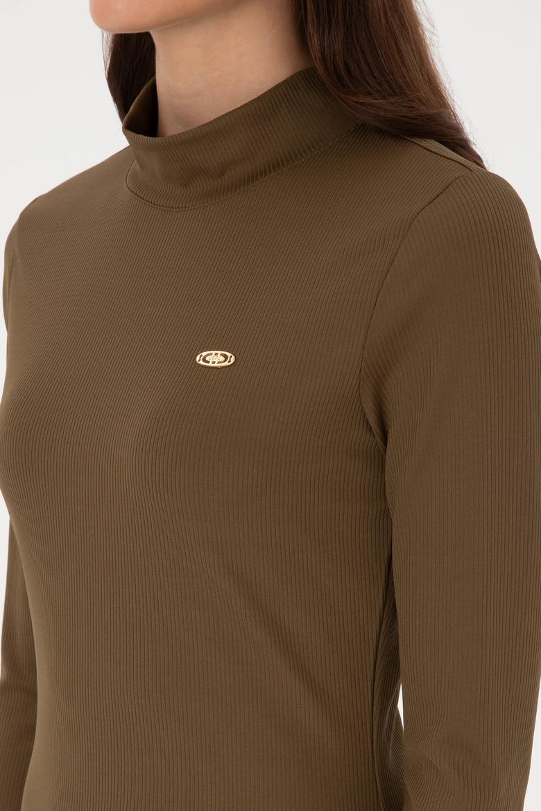 Kadın Haki Yırtmaçlı Dik Yaka Midi Boy Örme Elbise - 50297367004