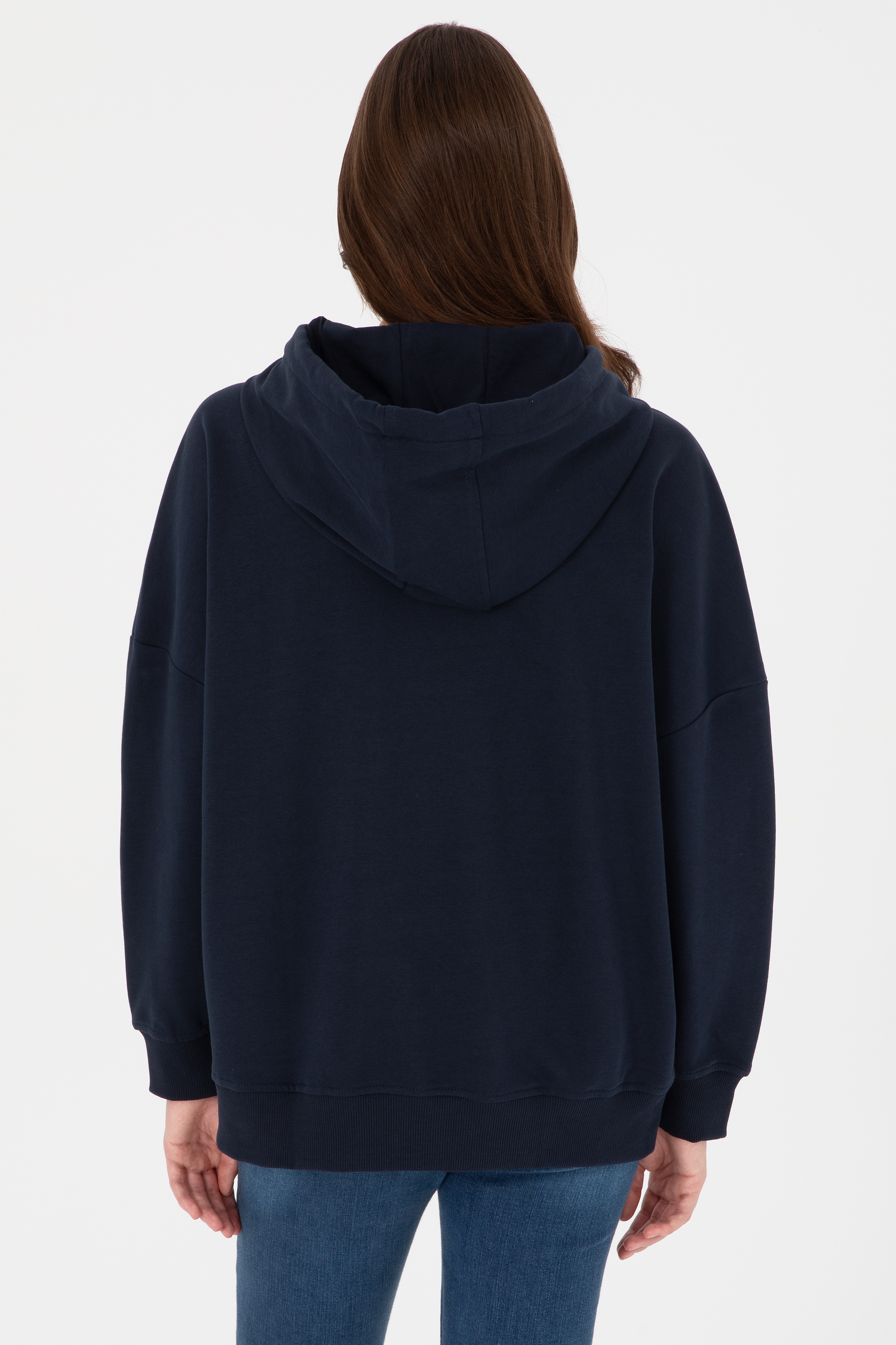 Kadın Lacivert Kapüşonlu Basic  Sweatshirt - Image 5