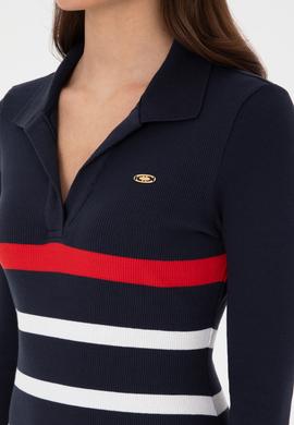 Kadın Lacivert Çizgili Polo Yaka Mini Boy Örme Elbise - 50299045005