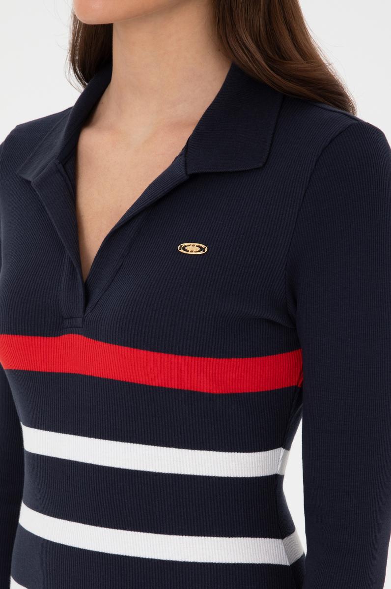 Kadın Lacivert Çizgili Polo Yaka Mini Boy Örme Elbise