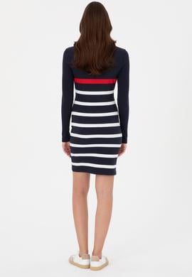 Kadın Lacivert Çizgili Polo Yaka Mini Boy Örme Elbise - 50299045005