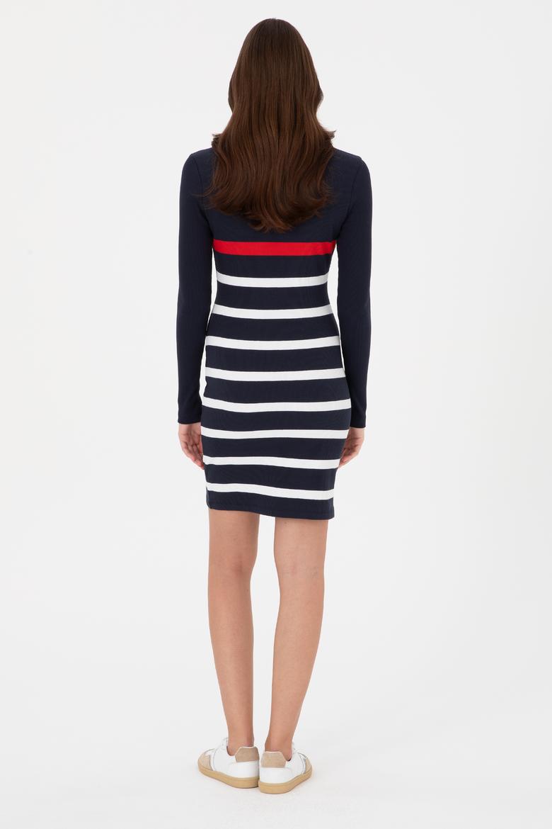 Kadın Lacivert Çizgili Polo Yaka Mini Boy Örme Elbise - 50299045005