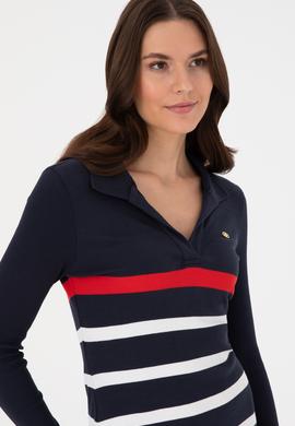 Kadın Lacivert Çizgili Polo Yaka Mini Boy Örme Elbise - 50299045005