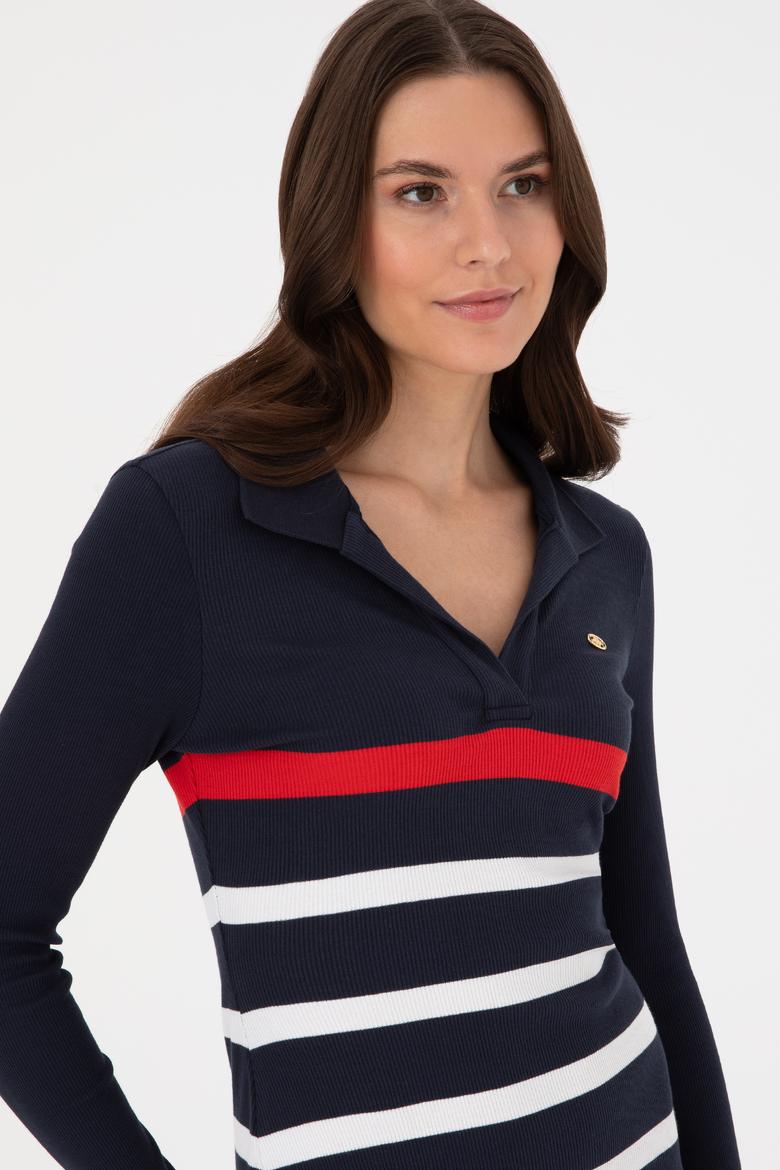 Kadın Lacivert Çizgili Polo Yaka Mini Boy Örme Elbise - 50299045005