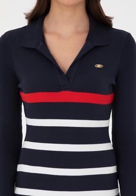 Kadın Lacivert Çizgili Polo Yaka Mini Boy Örme Elbise - 50299045005