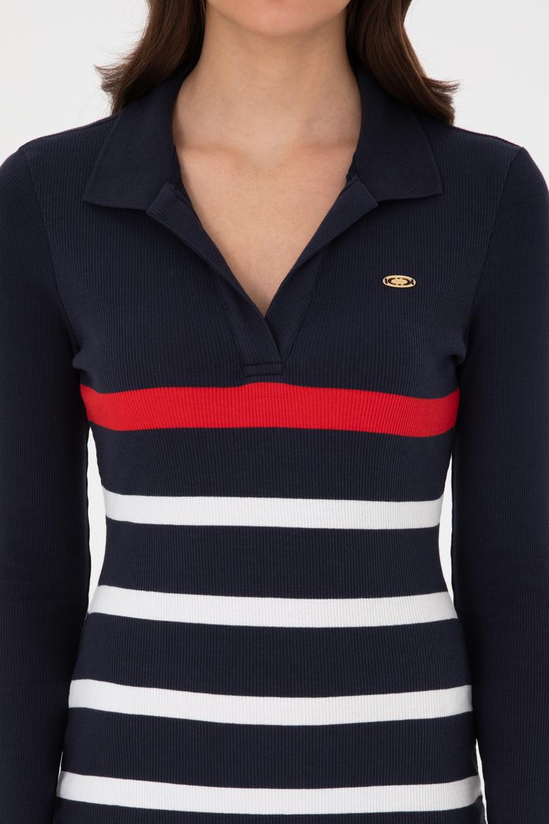 Kadın Lacivert Çizgili Polo Yaka Mini Boy Örme Elbise - 50299045005