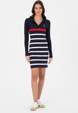 Kadın Lacivert Çizgili Polo Yaka Mini Boy Örme Elbise - 50299045005