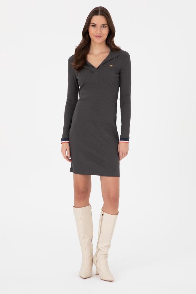 Kadın Antrasit Polo Yaka Mini Boy Örme Elbise