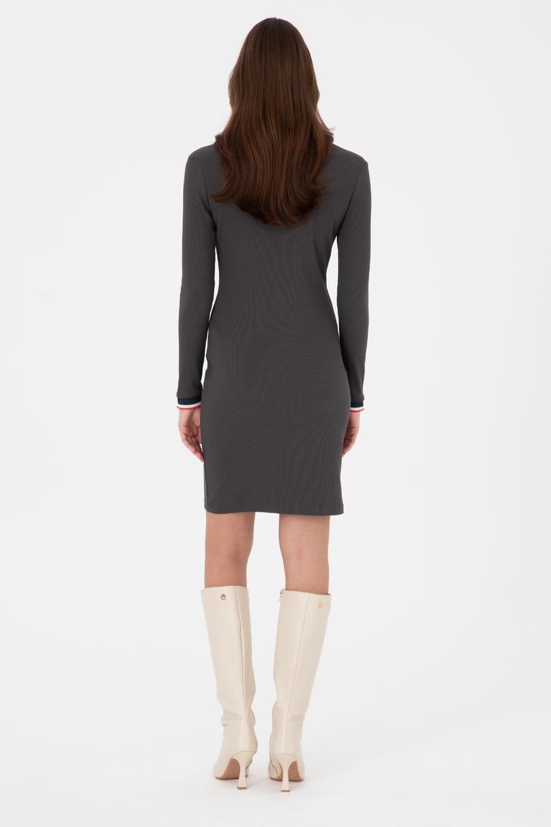 Kadın Antrasit Polo Yaka Mini Boy Örme Elbise - 50299041023