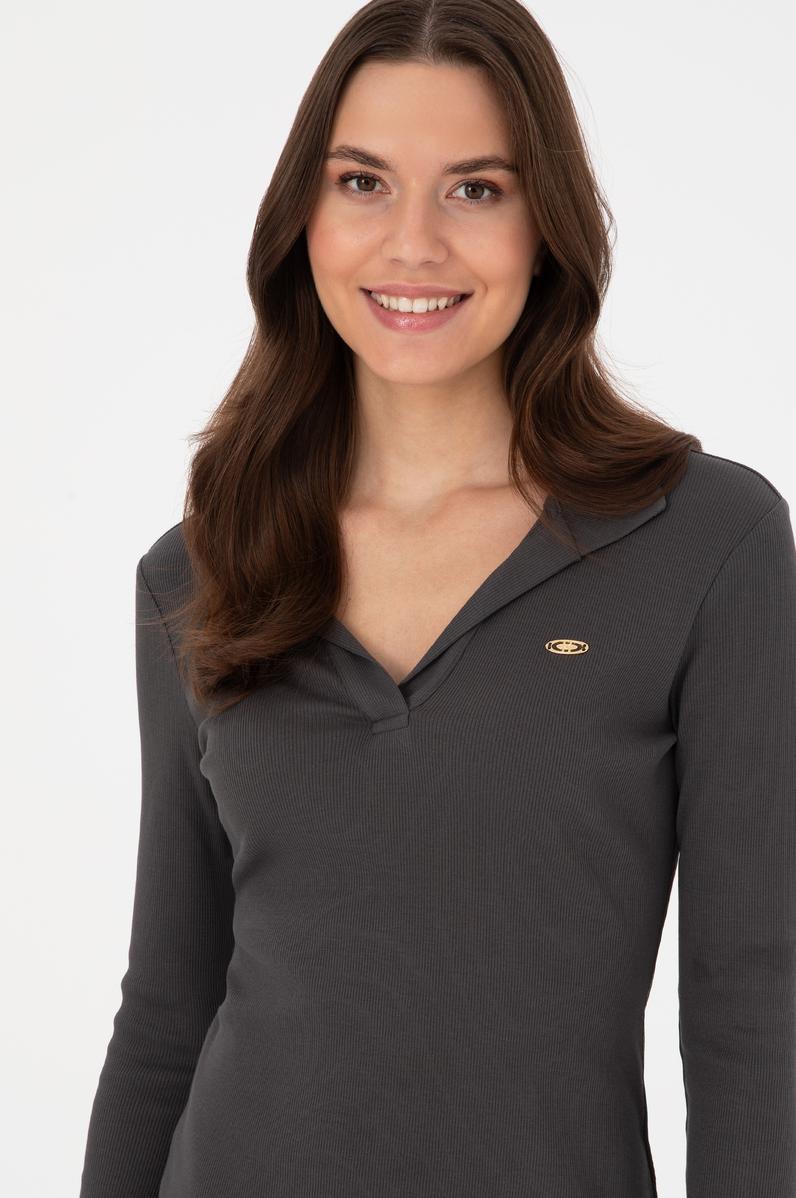 Kadın Antrasit Polo Yaka Mini Boy Örme Elbise