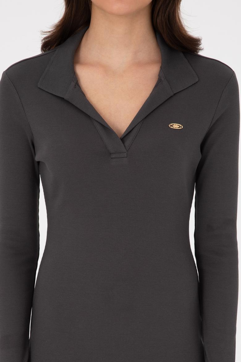 Kadın Antrasit Polo Yaka Mini Boy Örme Elbise - 50299041023