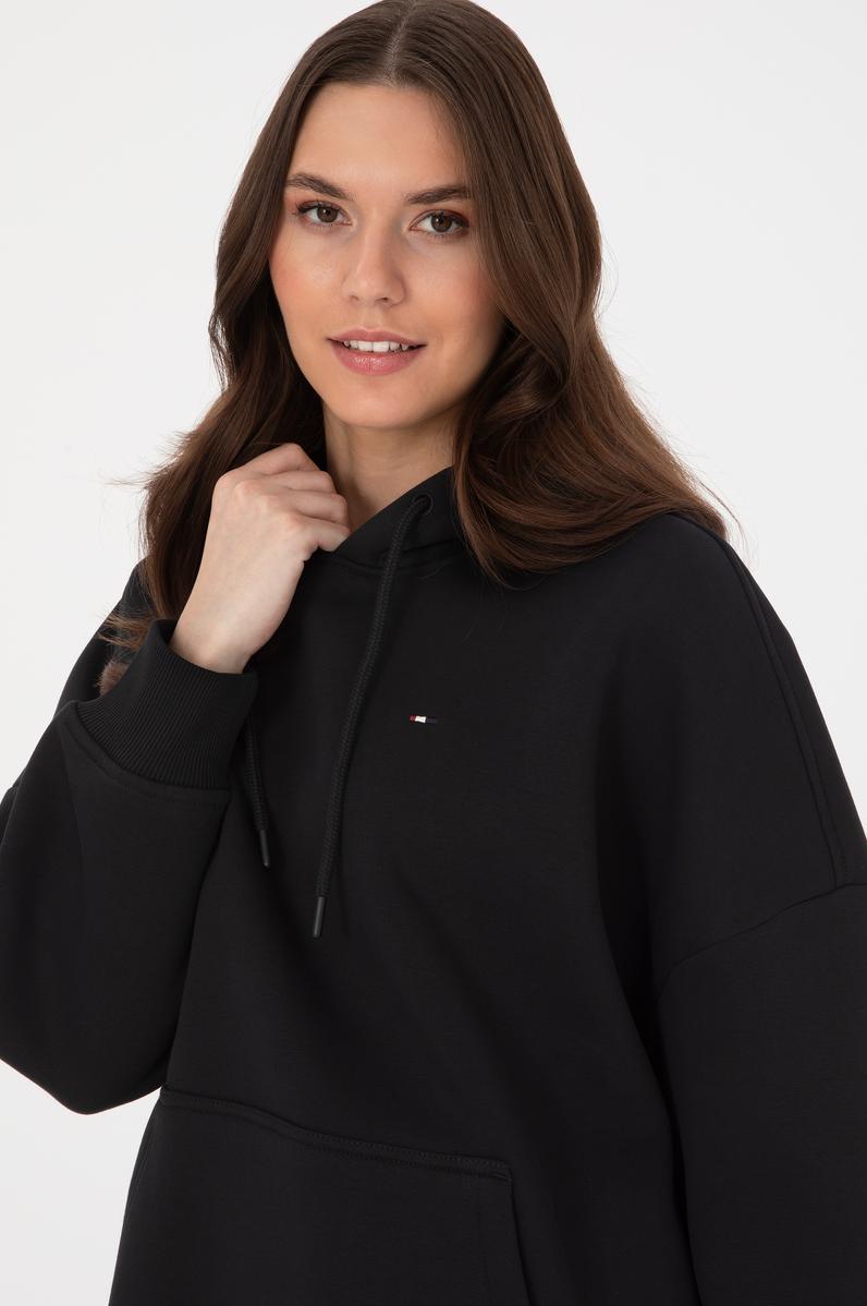 Kadın Siyah Şardonlu Kapüşonlu Sweatshırt