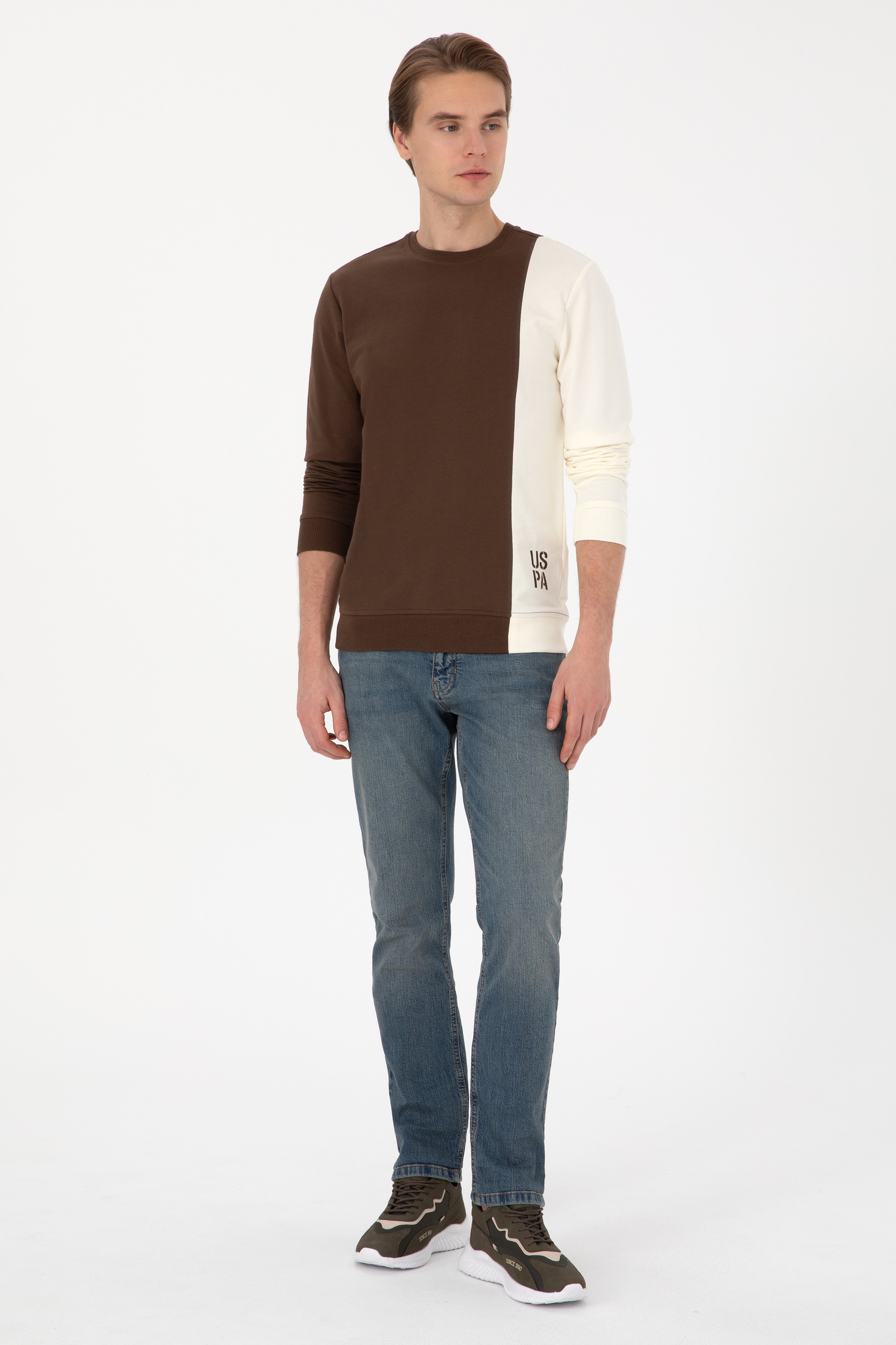 Erkek Regular Fit Bisiklet Yaka Kahverengi İnce Sweatshirt