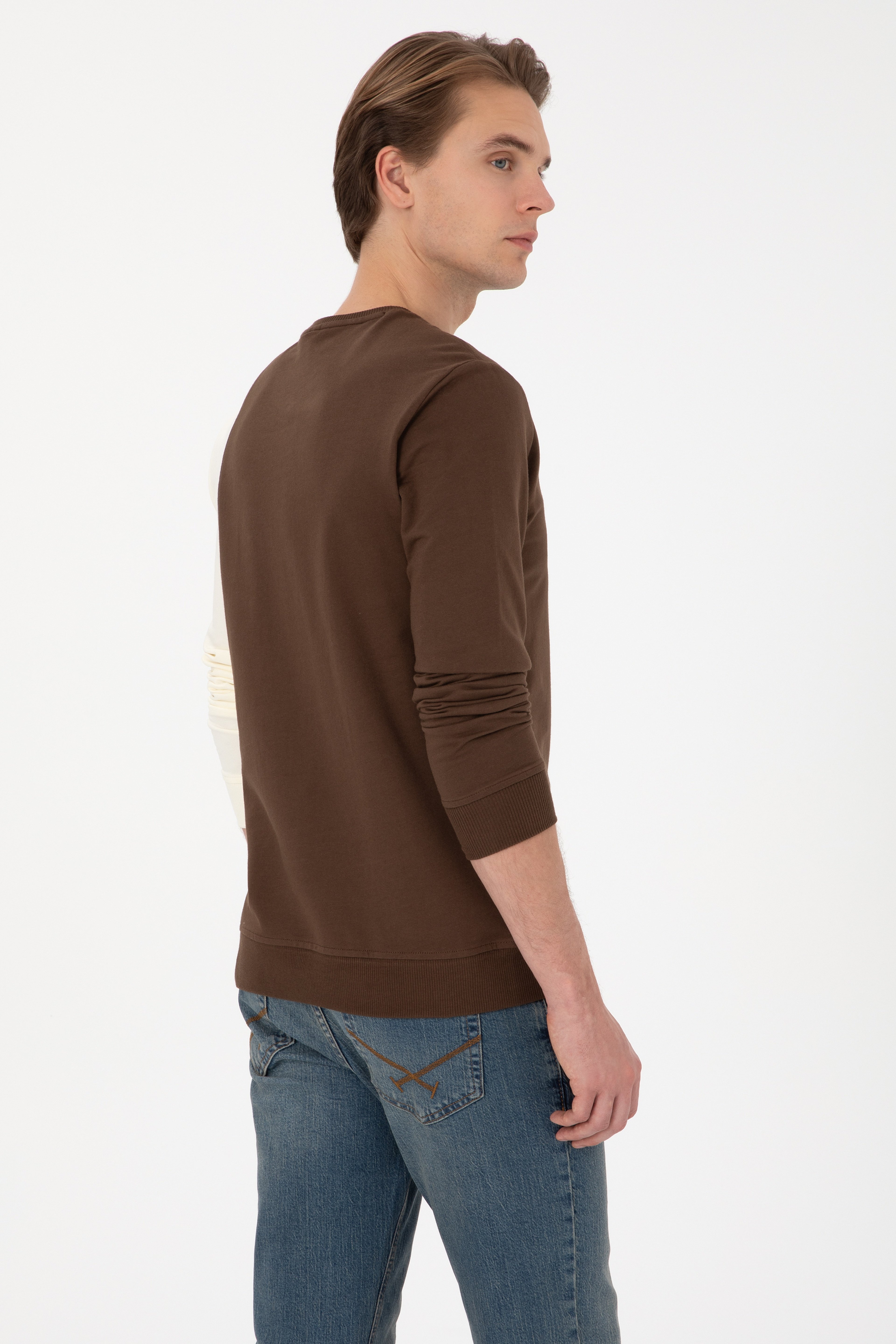 Erkek Regular Fit Bisiklet Yaka Kahverengi İnce Sweatshirt