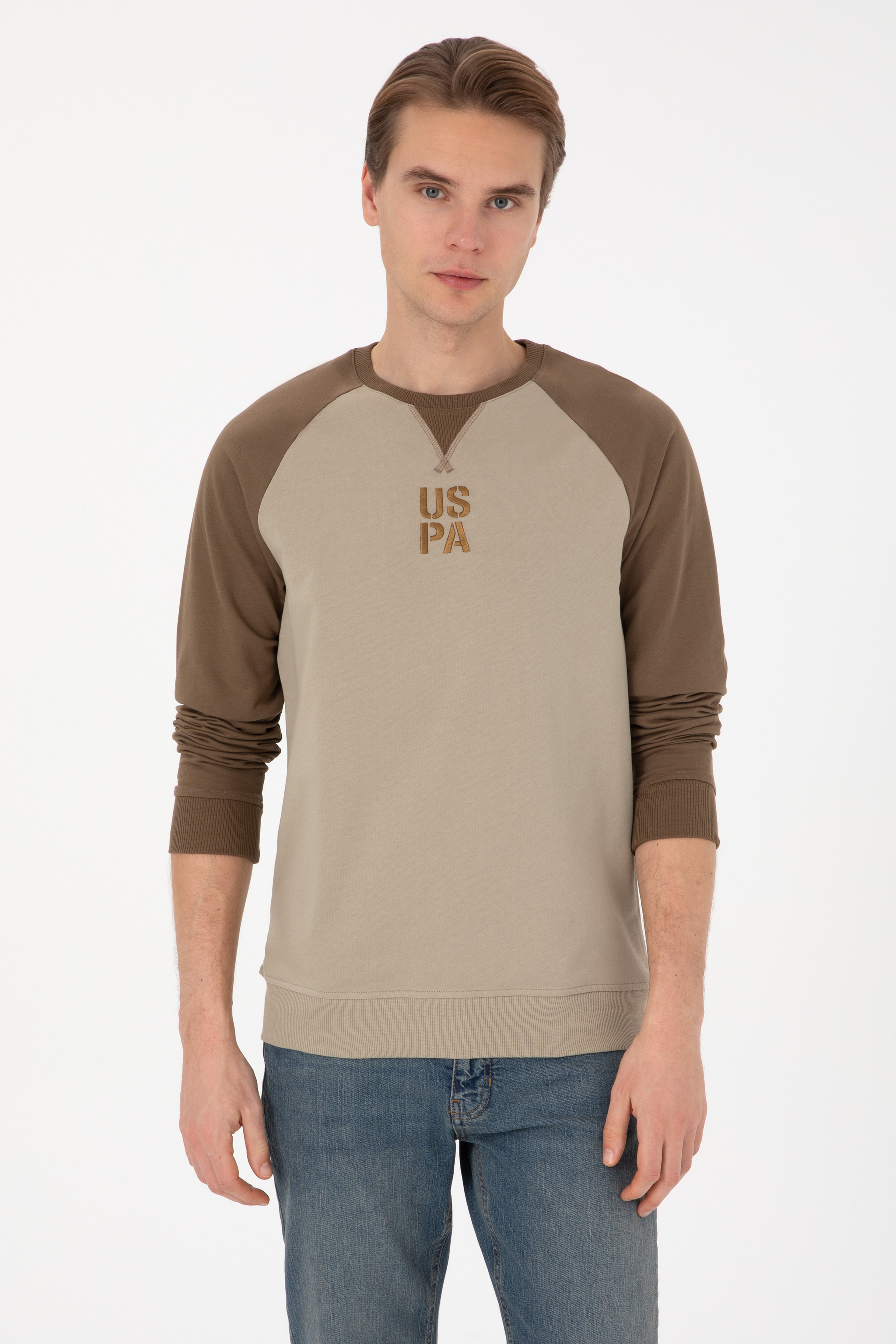 Erkek Bisiklet Yaka Regular Fit Haki İnce Sweatshirt