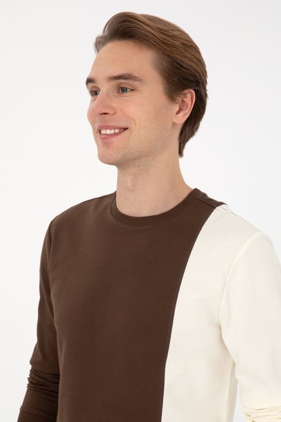 Erkek Regular Fit Bisiklet Yaka Kahverengi İnce Sweatshirt