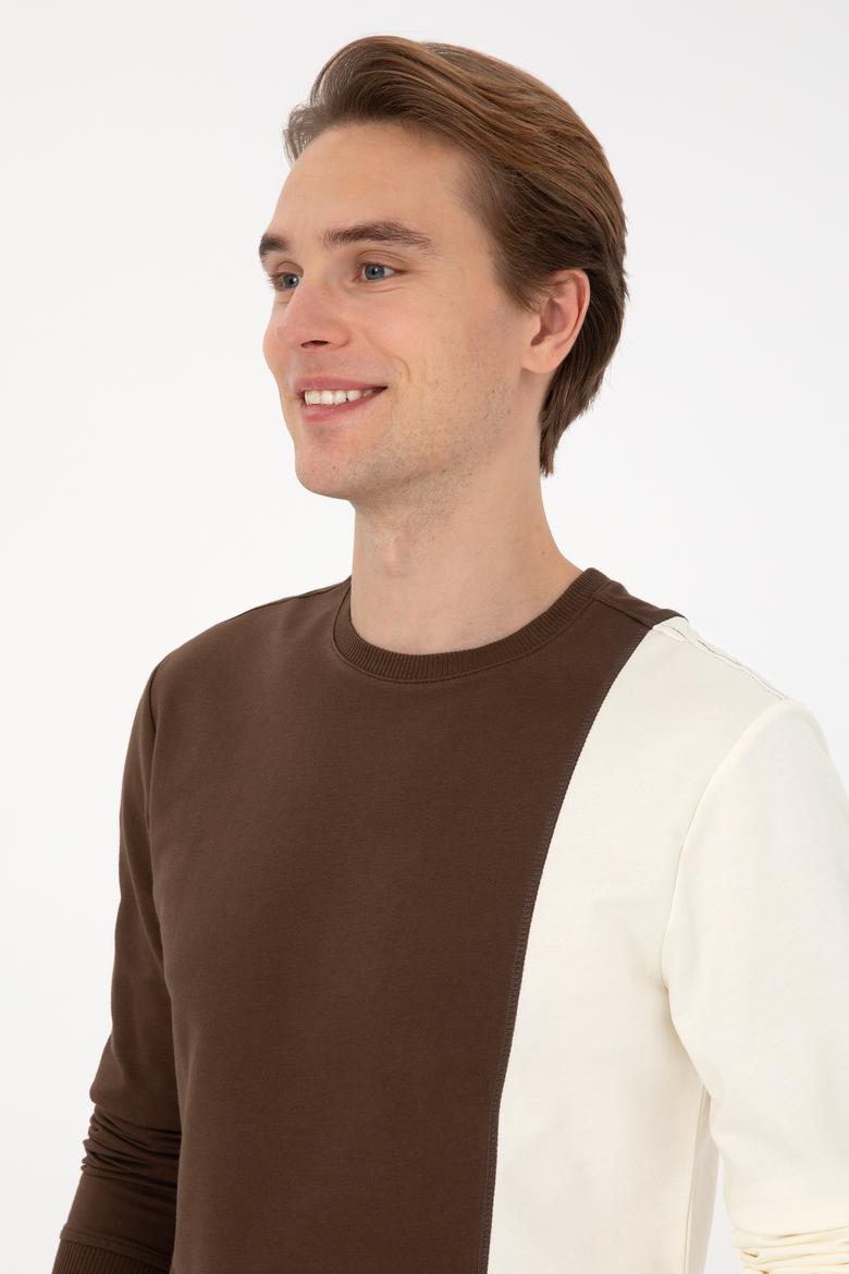 Erkek Regular Fit Bisiklet Yaka Kahverengi İnce Sweatshirt - 50316316017