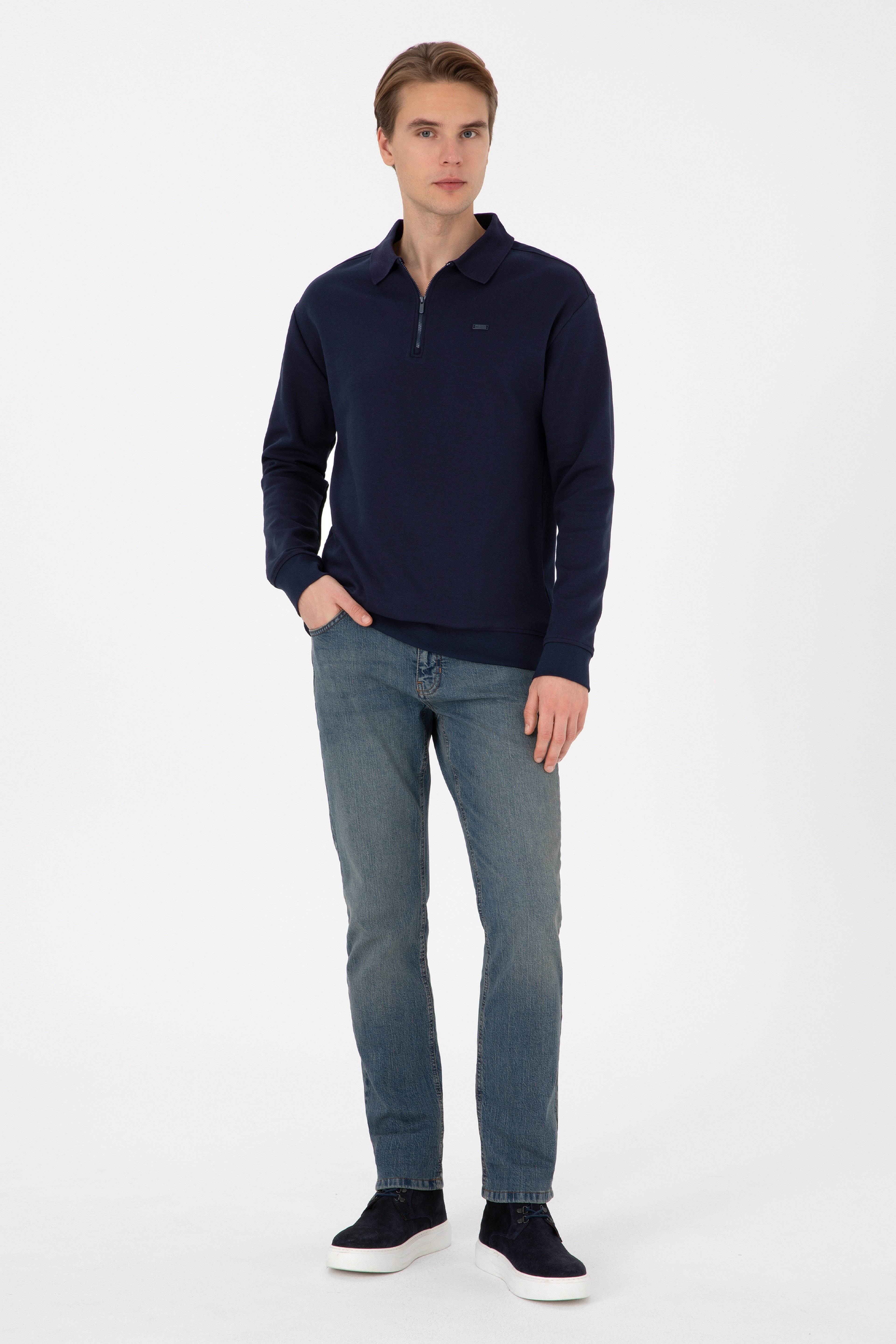 Erkek Comfort Fit Yarım Fermuarlı Lacivert Sweatshirt - Image 4