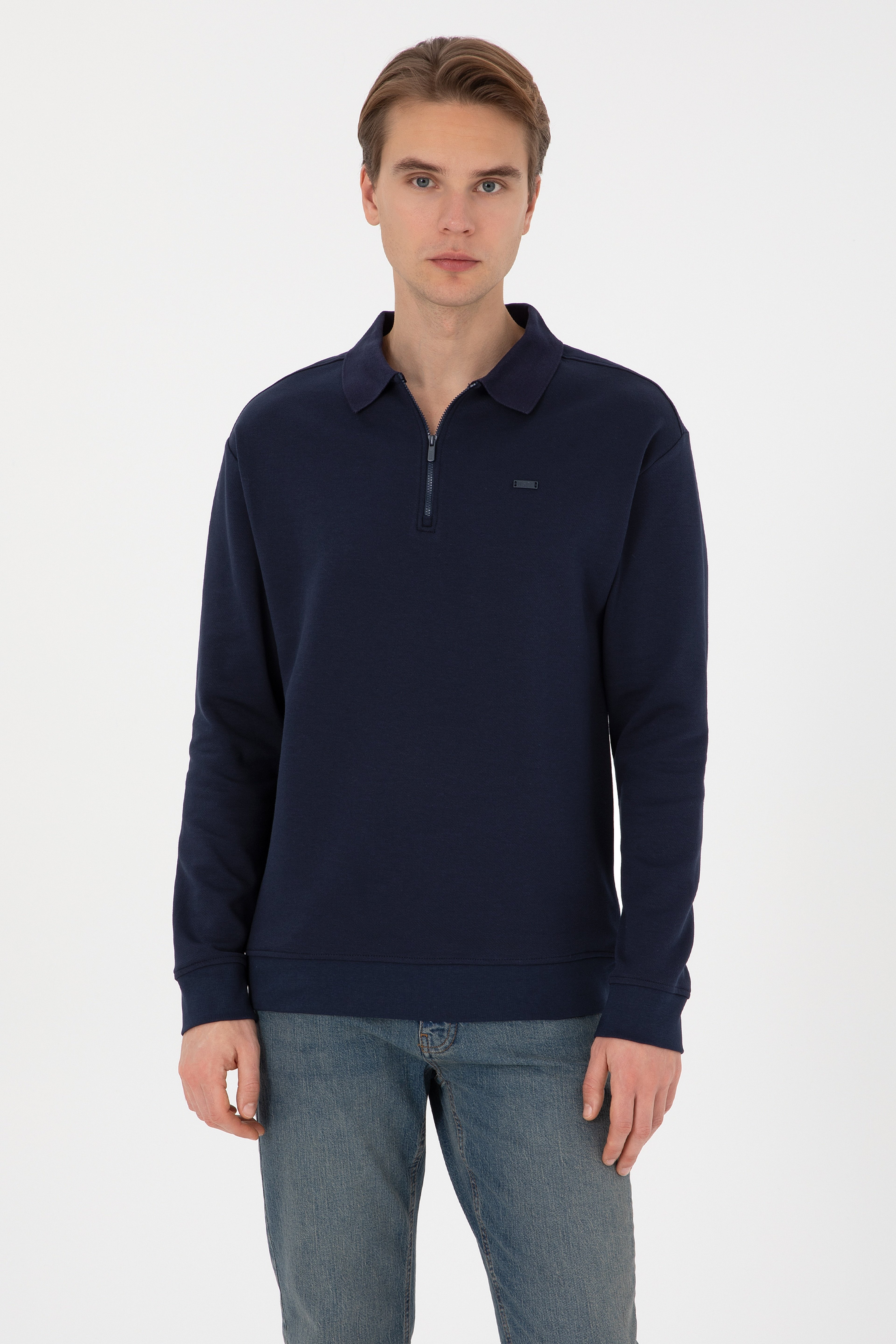 Erkek Comfort Fit Yarım Fermuarlı Lacivert Sweatshirt - Image 1