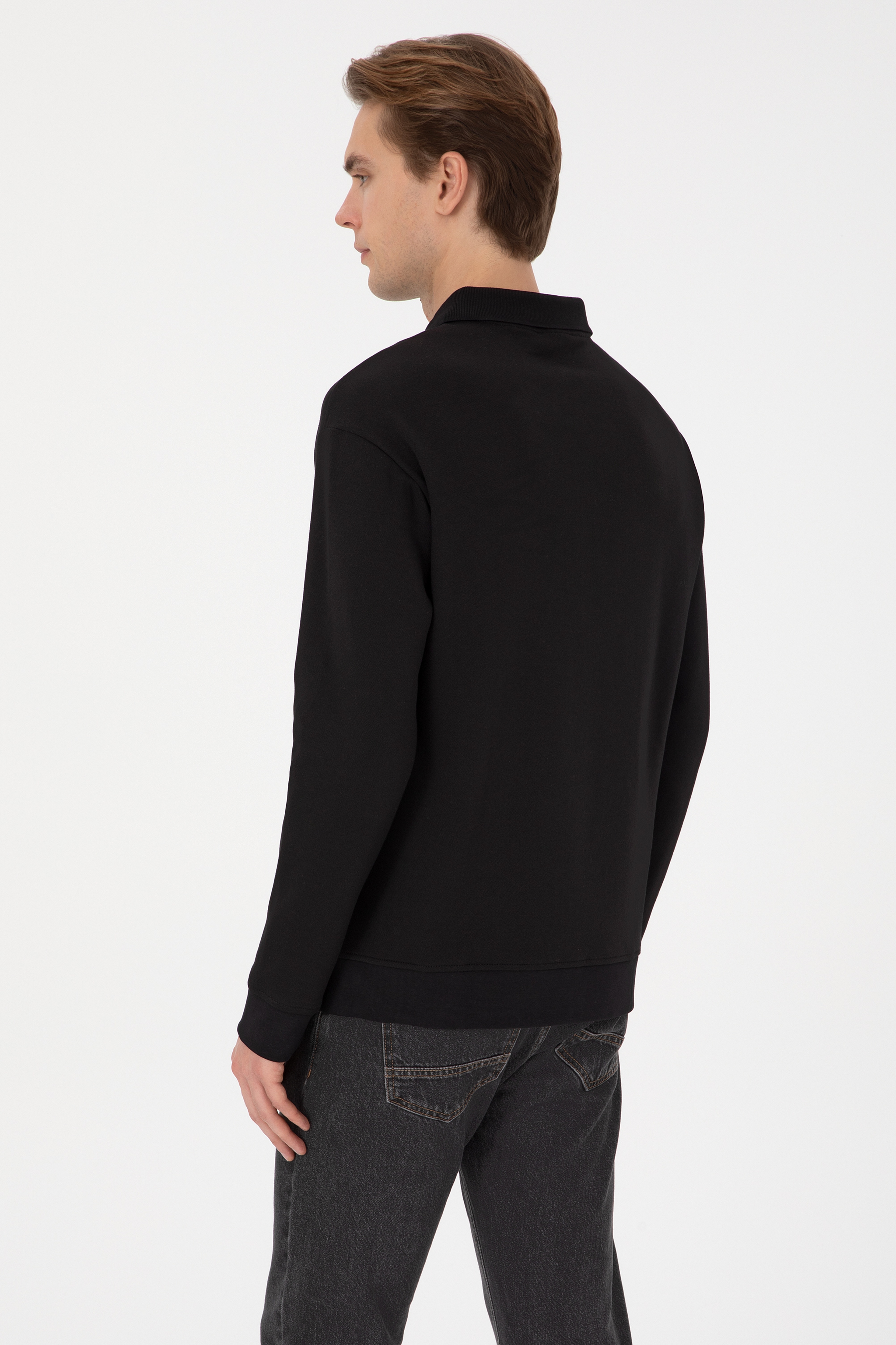 Erkek Comfort Fit Yarım Fermuarlı Siyah Sweatshirt - Image 5