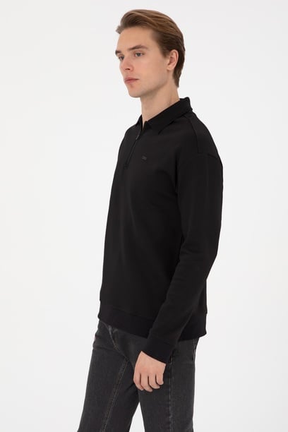 Erkek Comfort Fit Yarım Fermuarlı Siyah Sweatshirt