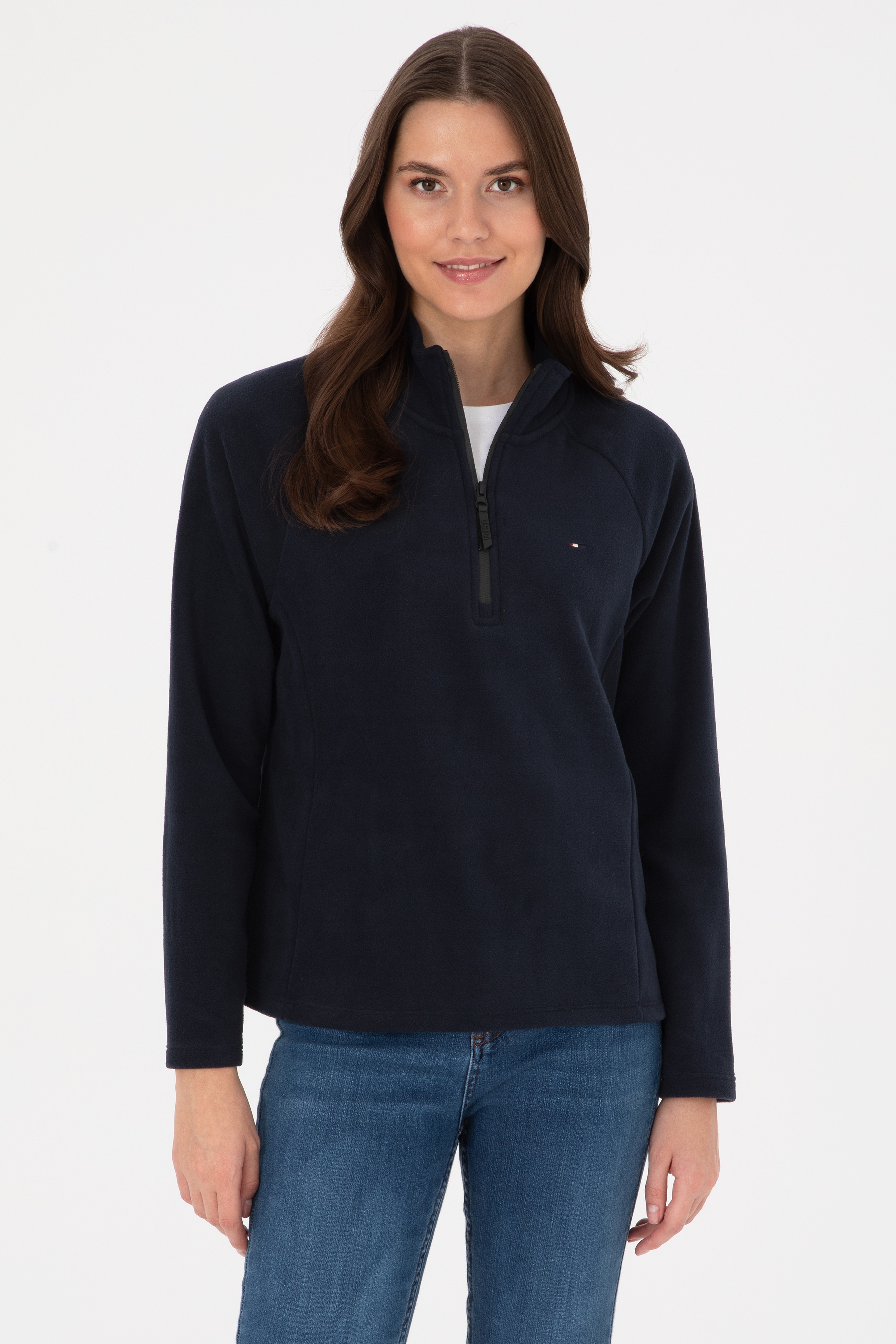 Kadın Lacivert Fermuarlı Dik Yaka Polar Sweatshirt - Image 1
