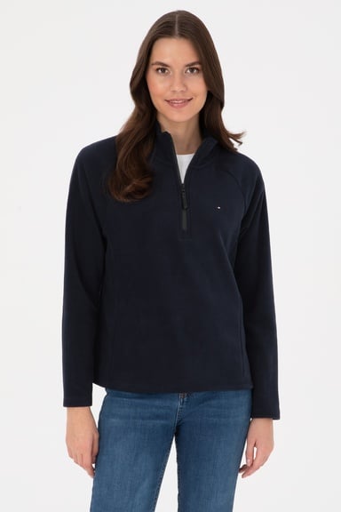 Kadın Lacivert Fermuarlı Dik Yaka Polar Sweatshirt
