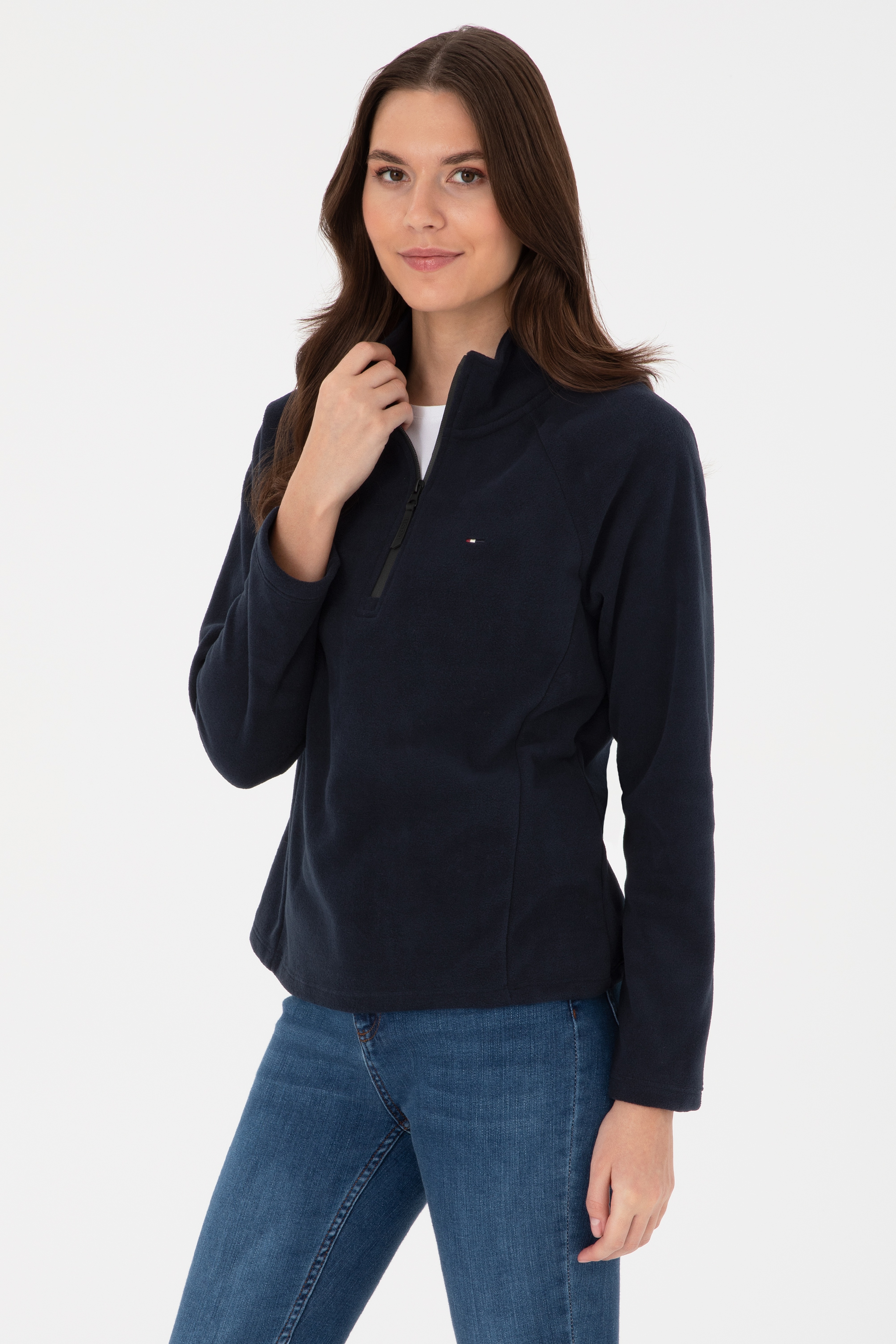 Kadın Lacivert Fermuarlı Dik Yaka Polar Sweatshirt