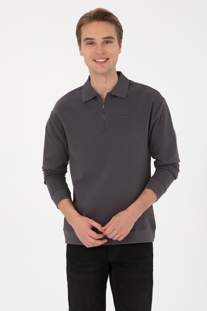 Erkek Comfort Fit Yarım Fermuarlı Gri Sweatshirt