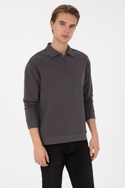 Erkek Comfort Fit Yarım Fermuarlı Gri Sweatshirt