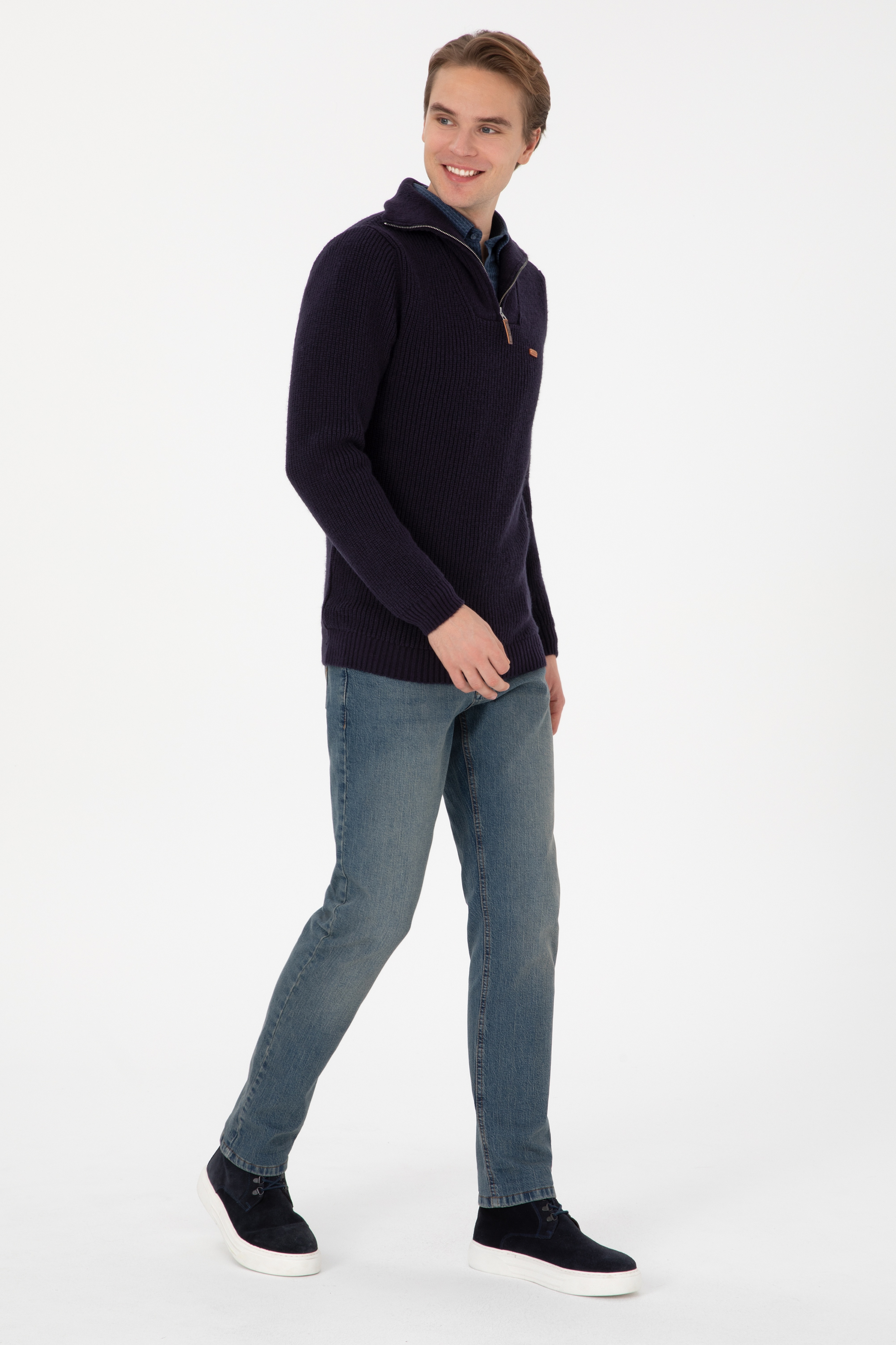 Erkek Regular Fit Yarım Fermuarlı Lacivert Kazak