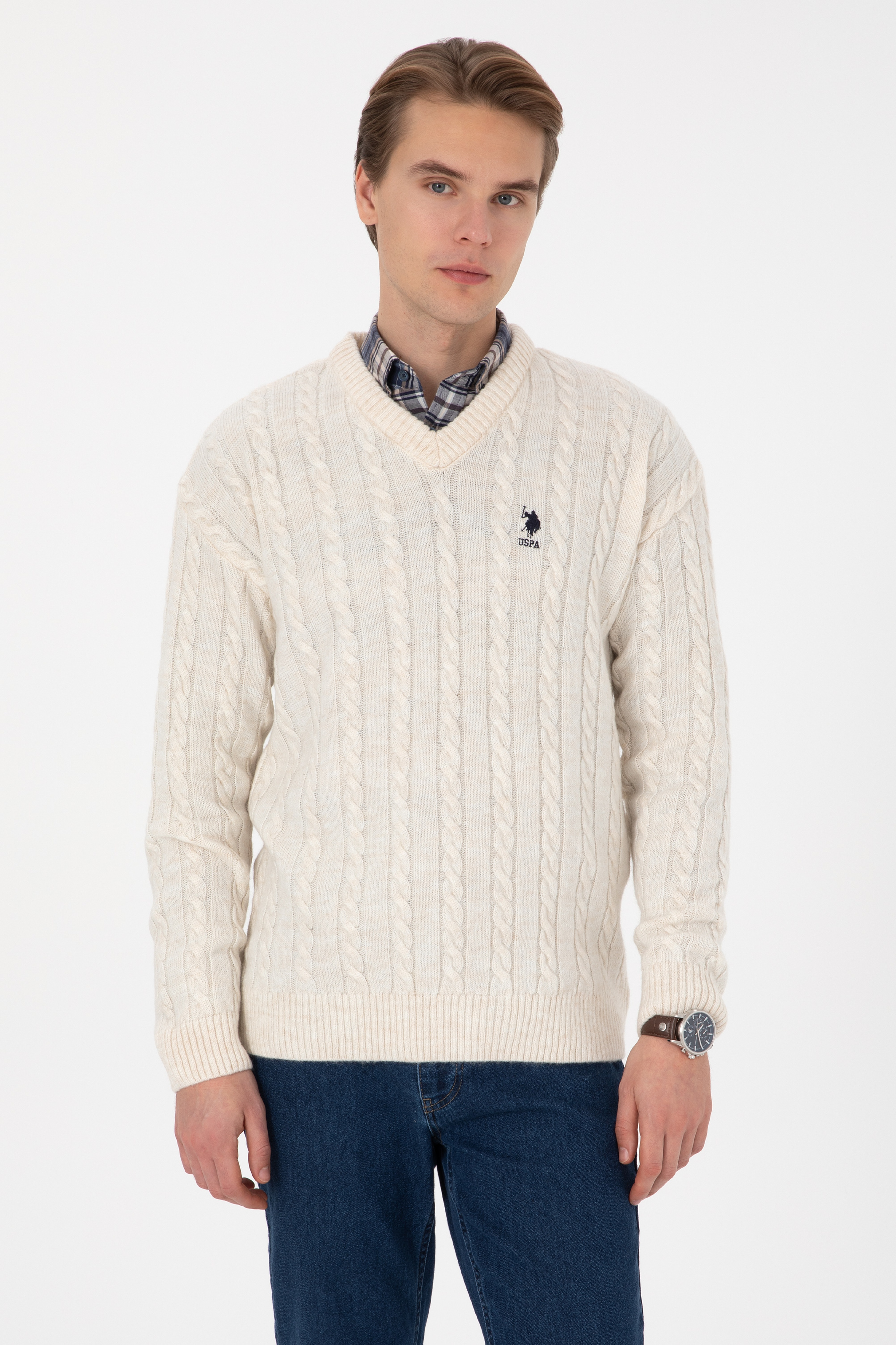 Erkek Comfort Fit V Yaka Krem Kazak - Image 3