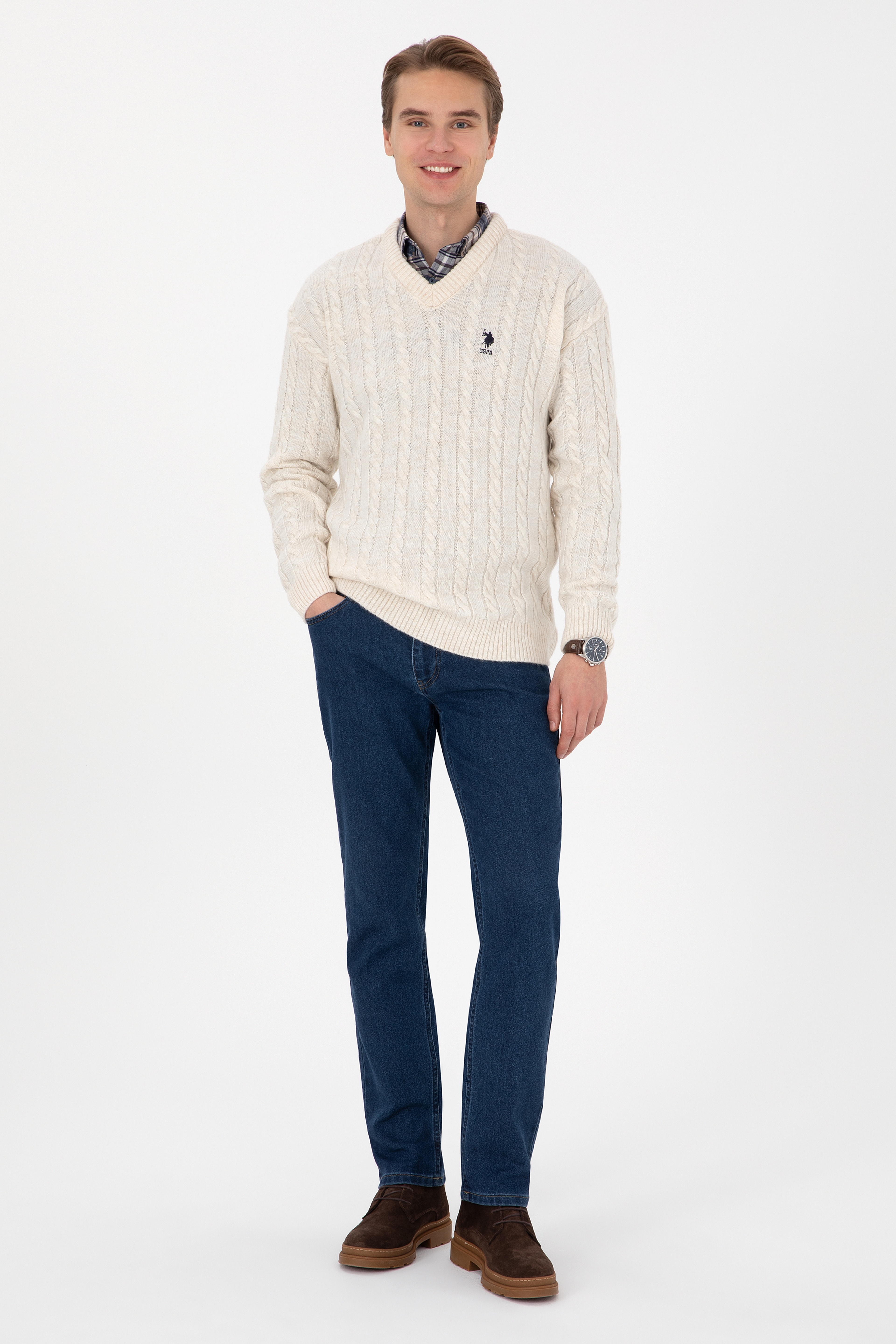 Erkek Comfort Fit V Yaka Krem Kazak - Image 4