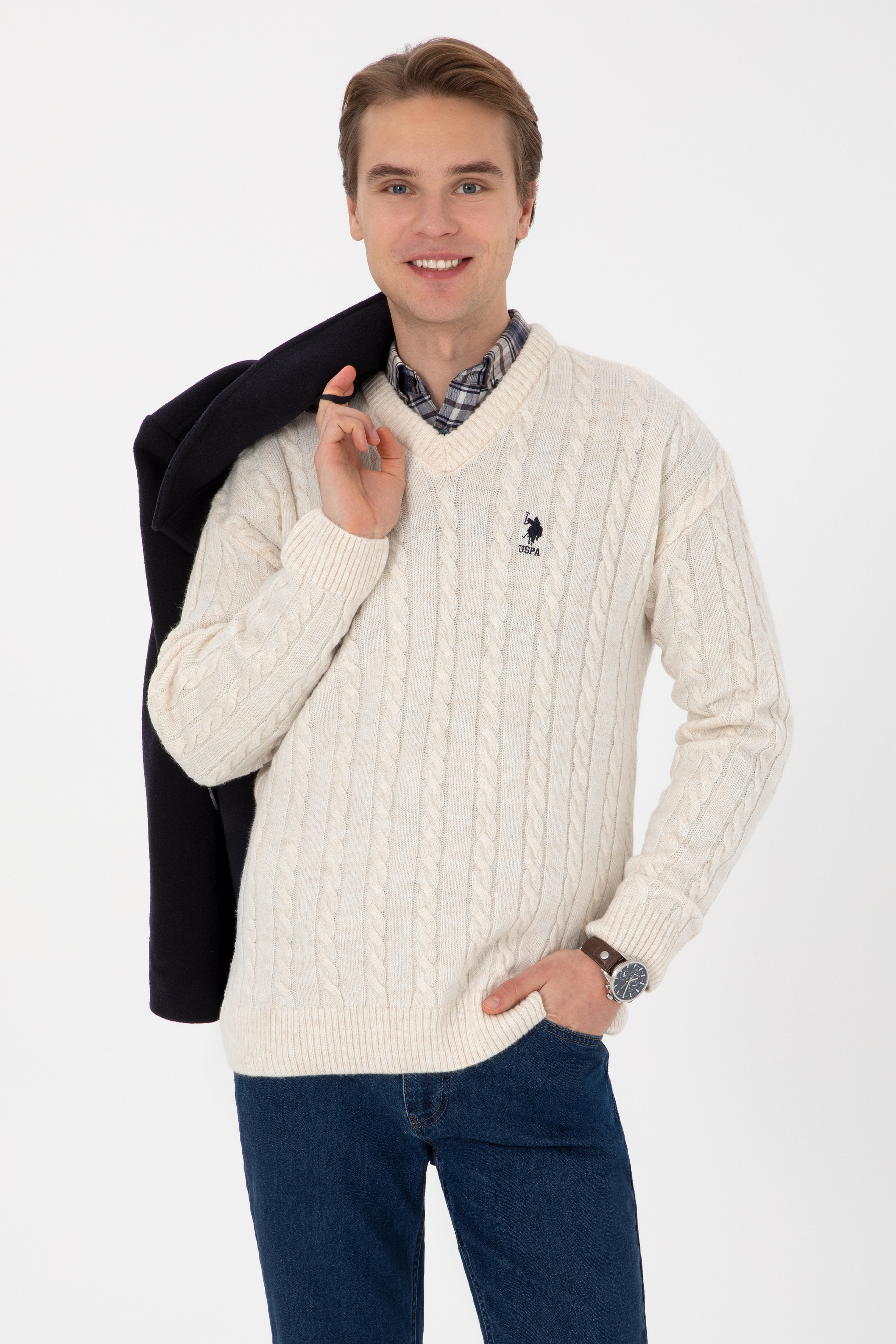 Erkek Comfort Fit V Yaka Krem Kazak - Image 1