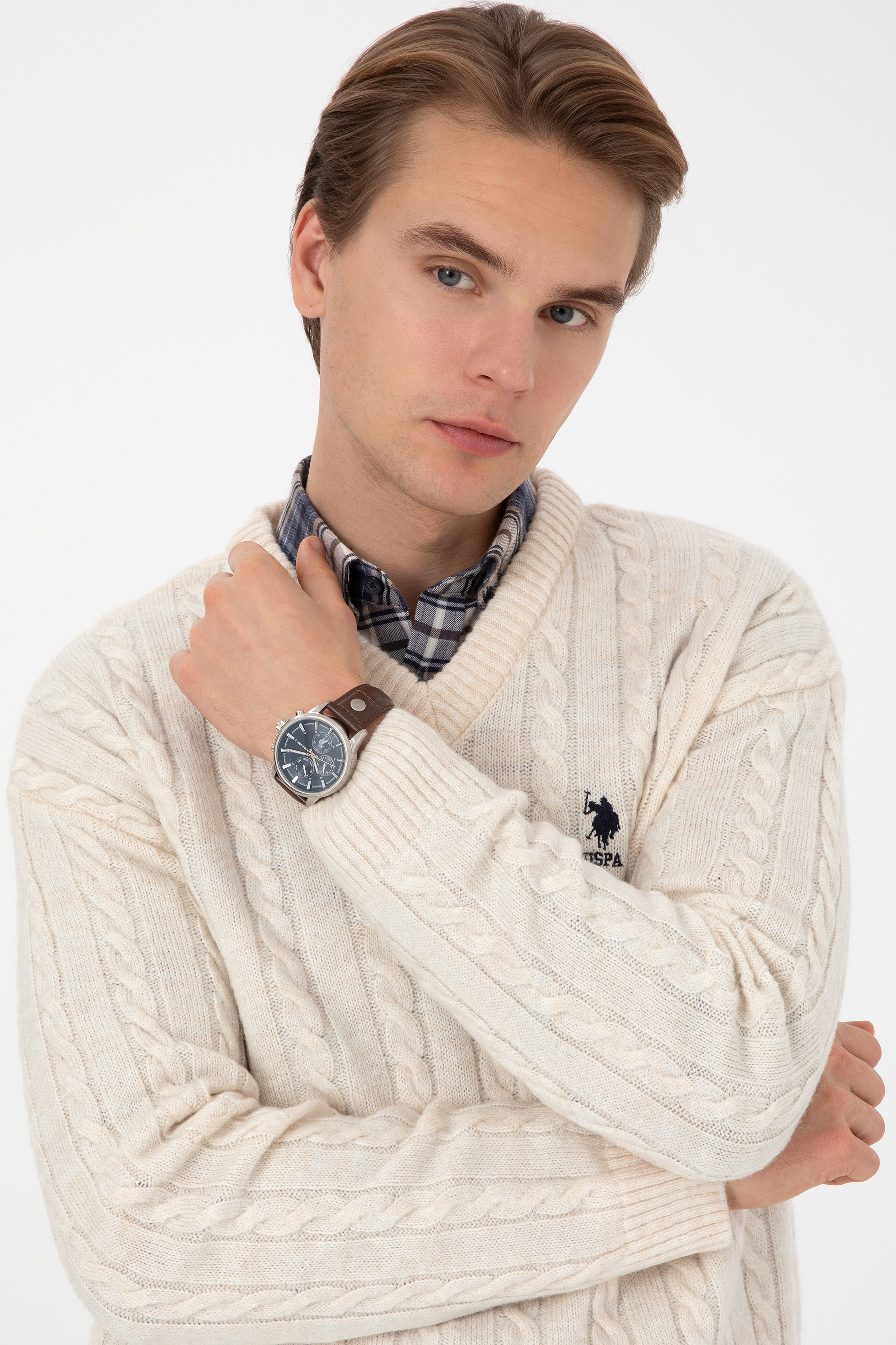 Erkek Comfort Fit V Yaka Krem Kazak
