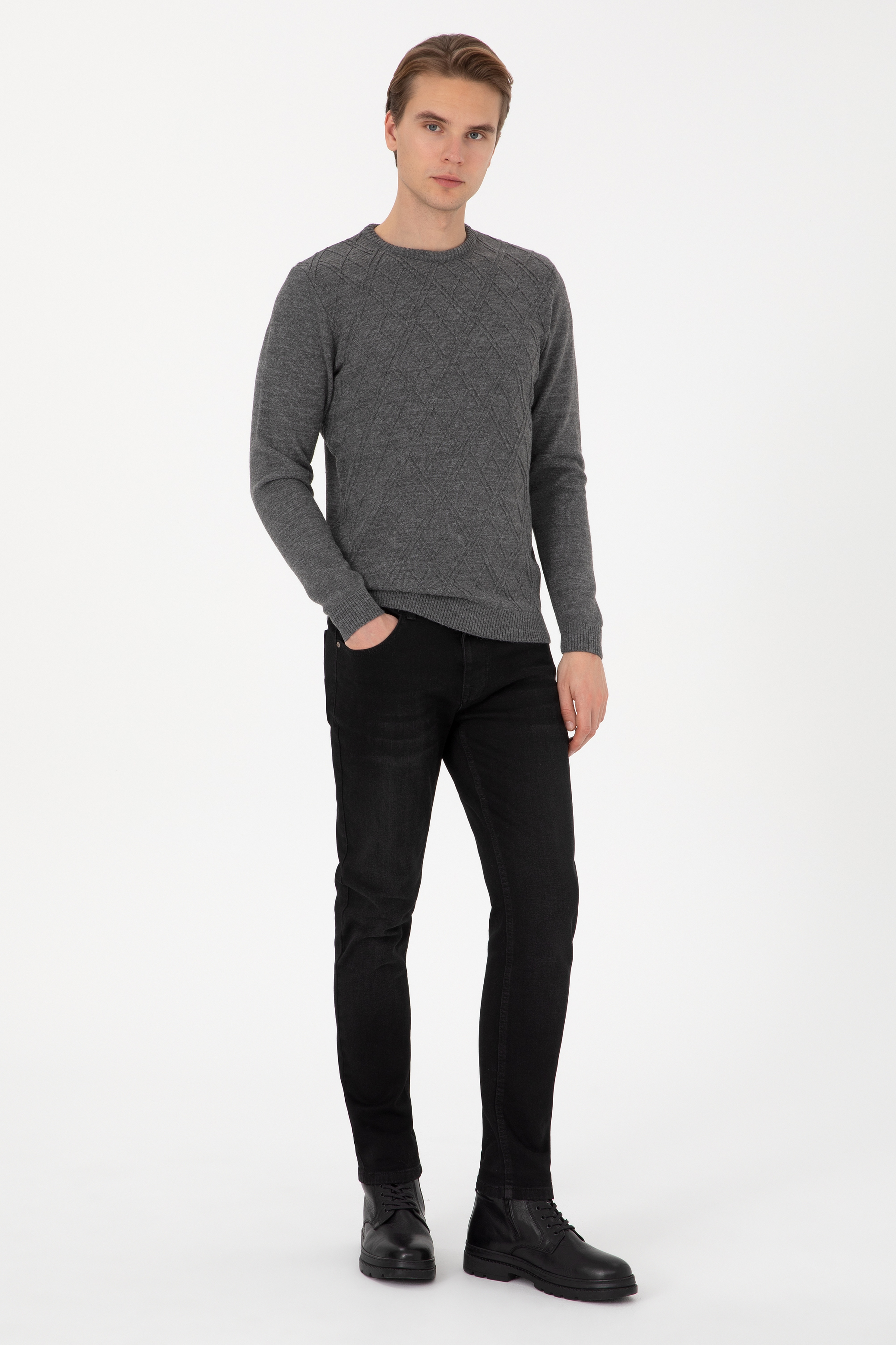 Erkek Regular Fit Bisiklet Yaka Gri Melanj Kazak - Image 4