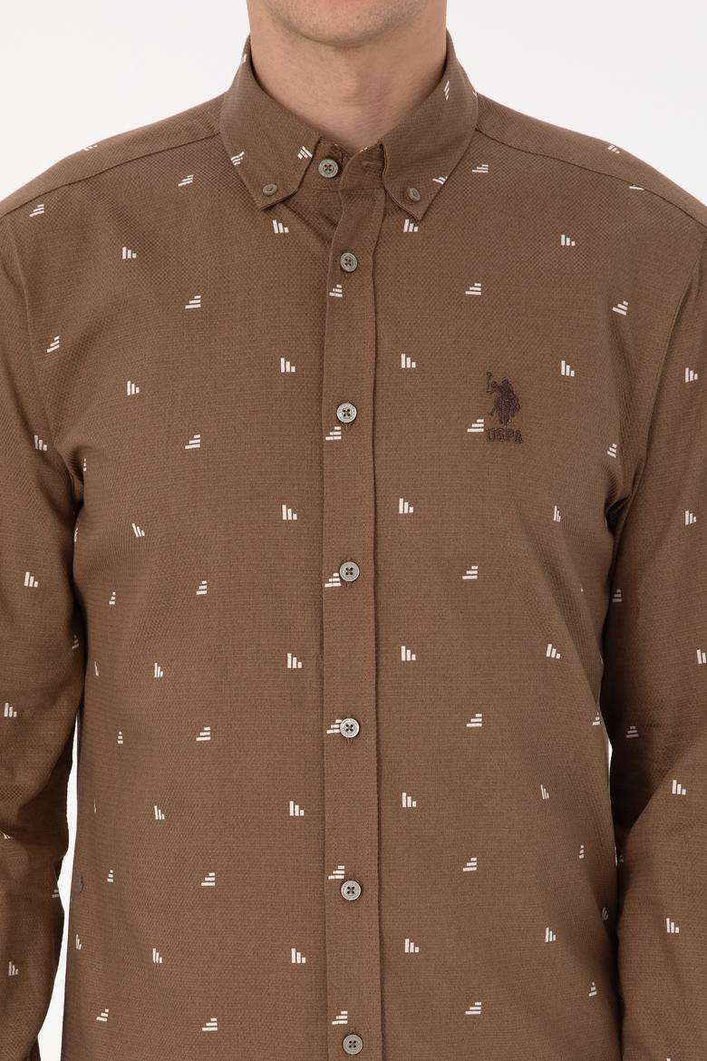 Erkek Haki Uzun Kollu Desenli Gömlek - 50316561015