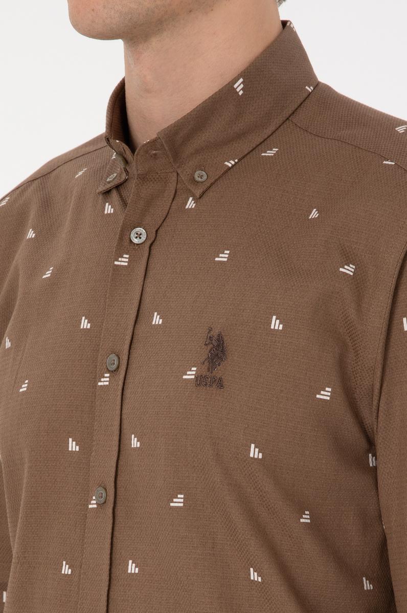 Erkek Haki Uzun Kollu Desenli Gömlek