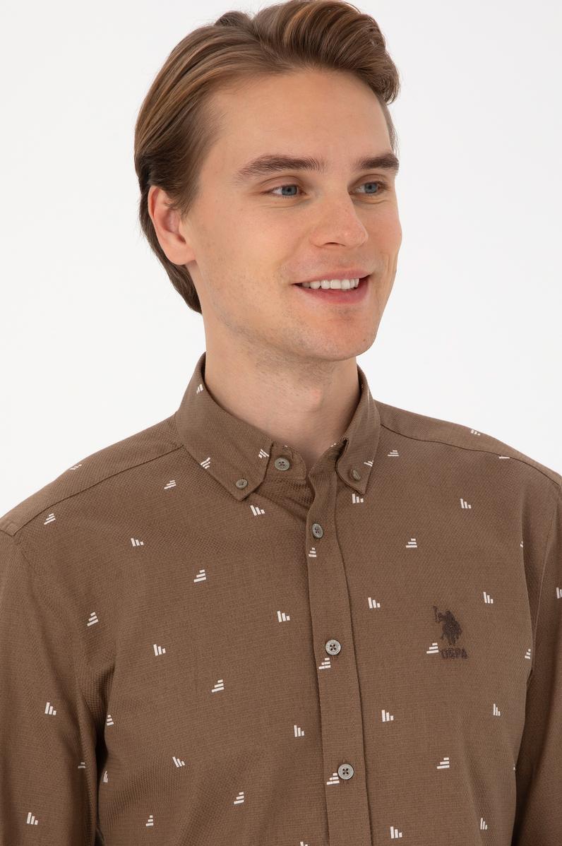Erkek Haki Uzun Kollu Desenli Gömlek