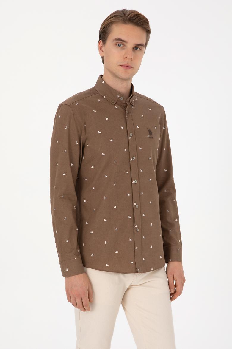 Erkek Haki Uzun Kollu Desenli Gömlek - 50316561015