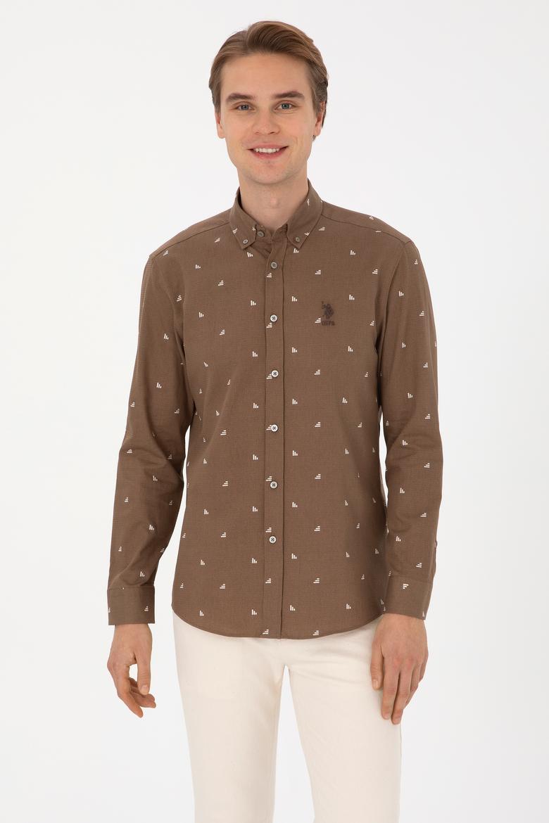 Erkek Haki Uzun Kollu Desenli Gömlek