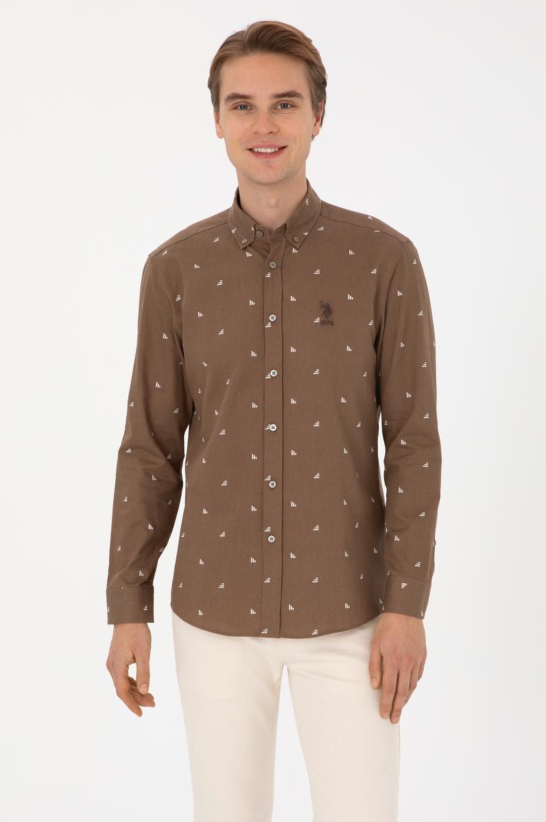 Erkek Haki Uzun Kollu Desenli Gömlek