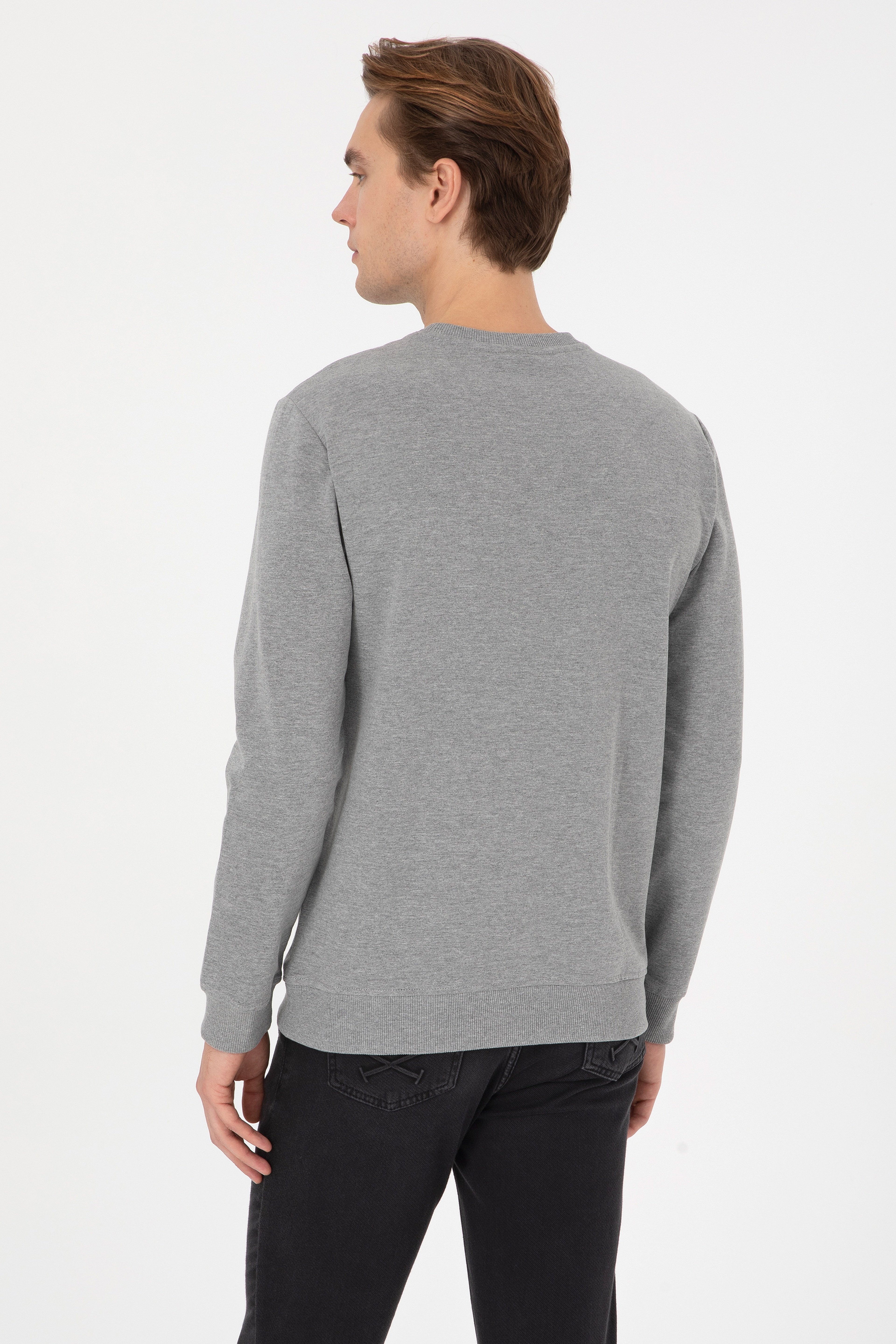 Erkek Regular Fit Bisiklet Yaka Gri Melanj Sweatshirt - Image 5