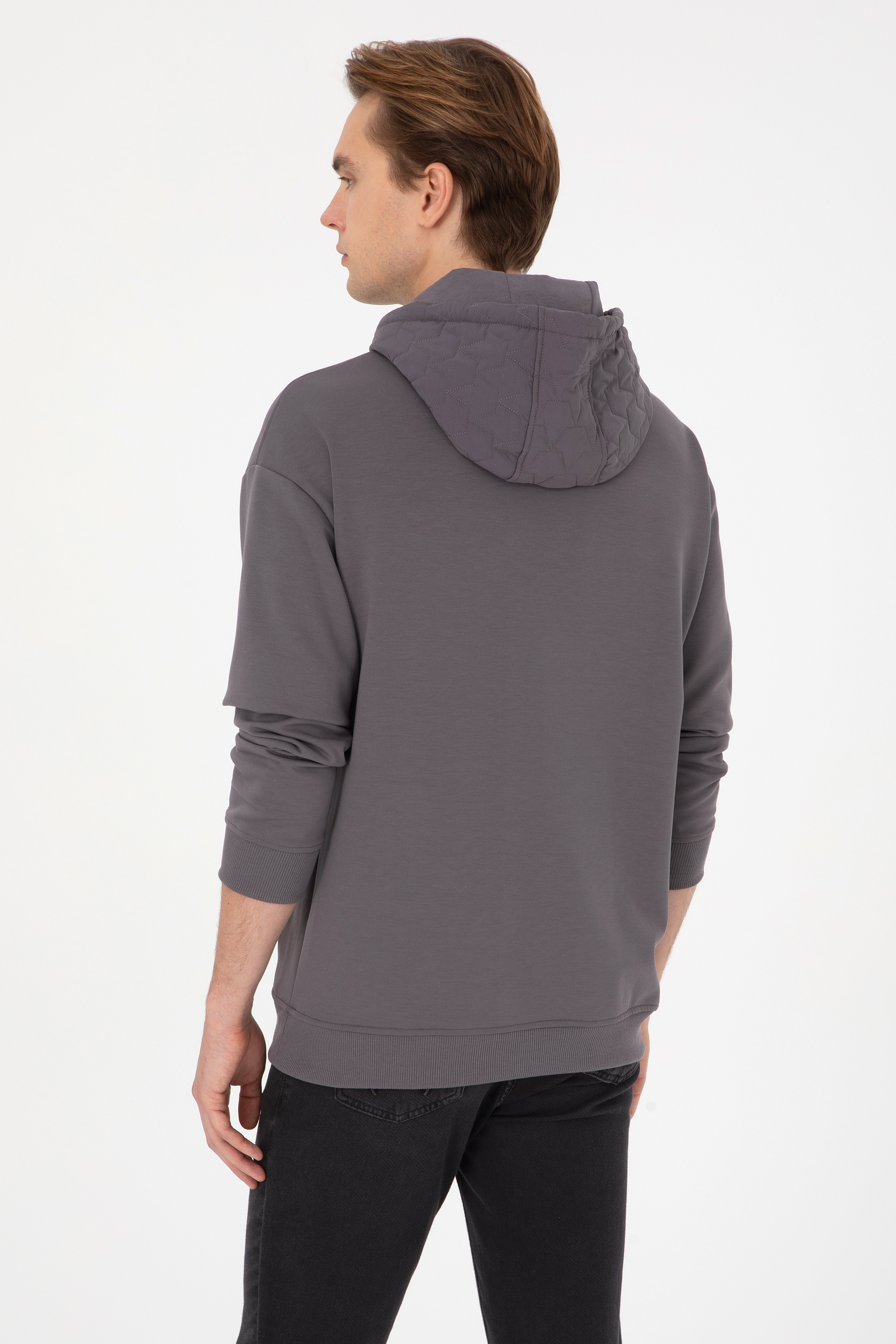 Erkek Comfort Fit Kapüşonlu Gri Sweatshirt - Image 5
