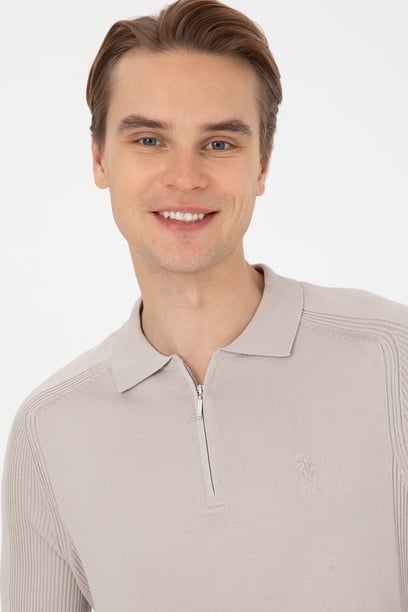 Erkek Slim Fit Yarım Fermuarlı Polo Yaka Taş Kazak