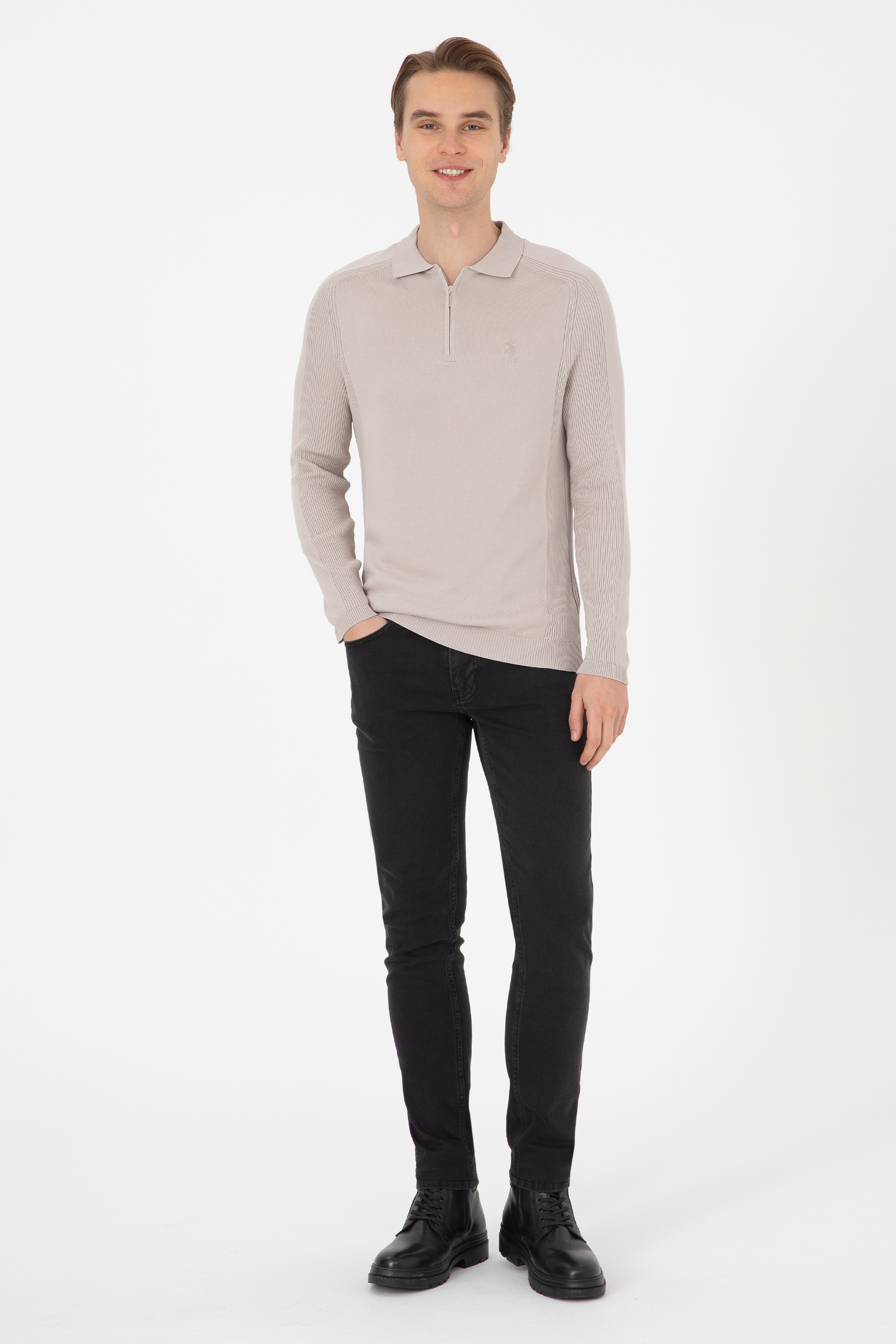 Erkek Slim Fit Yarım Fermuarlı Polo Yaka Taş Kazak