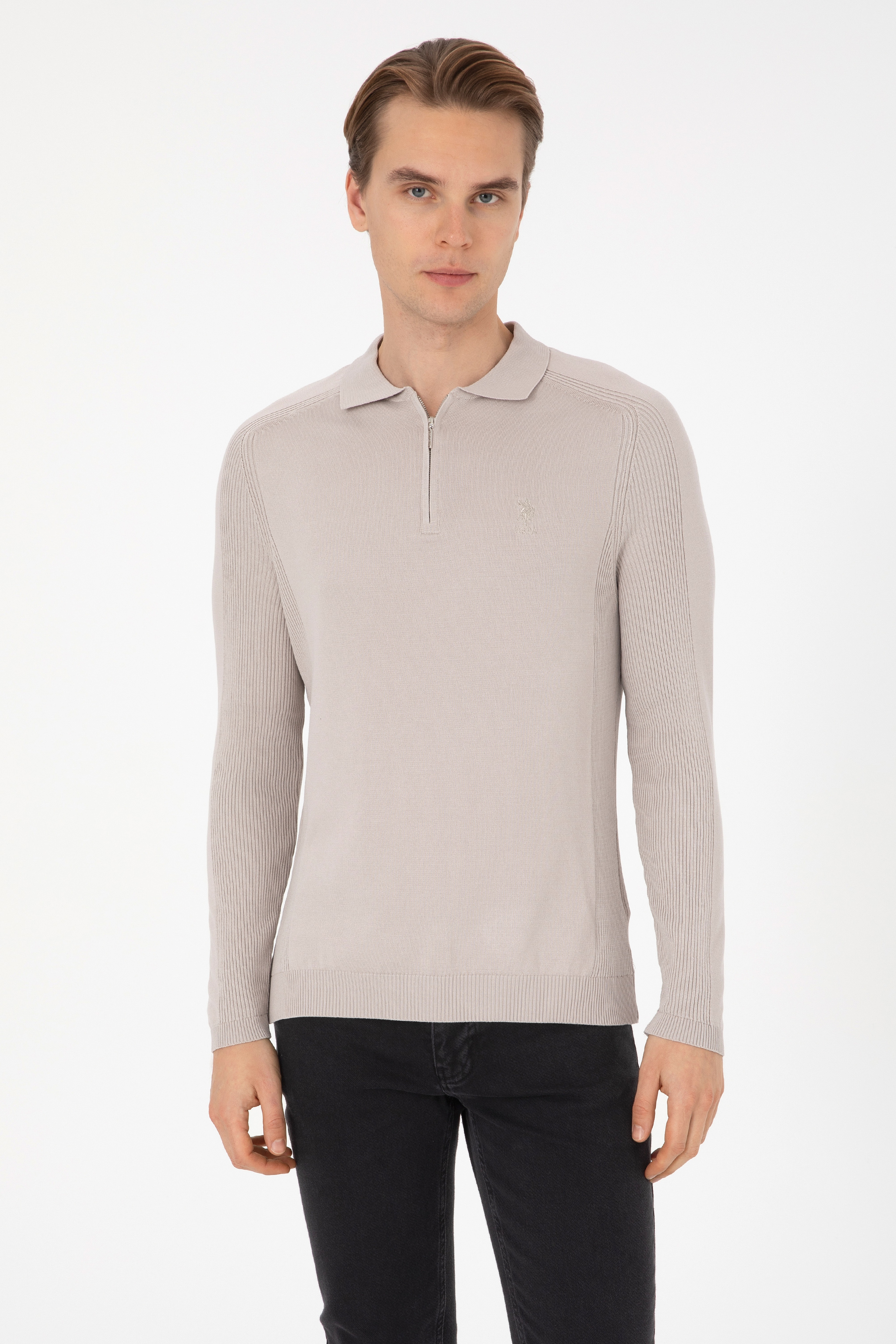 Erkek Slim Fit Yarım Fermuarlı Polo Yaka Taş Kazak - Image 1